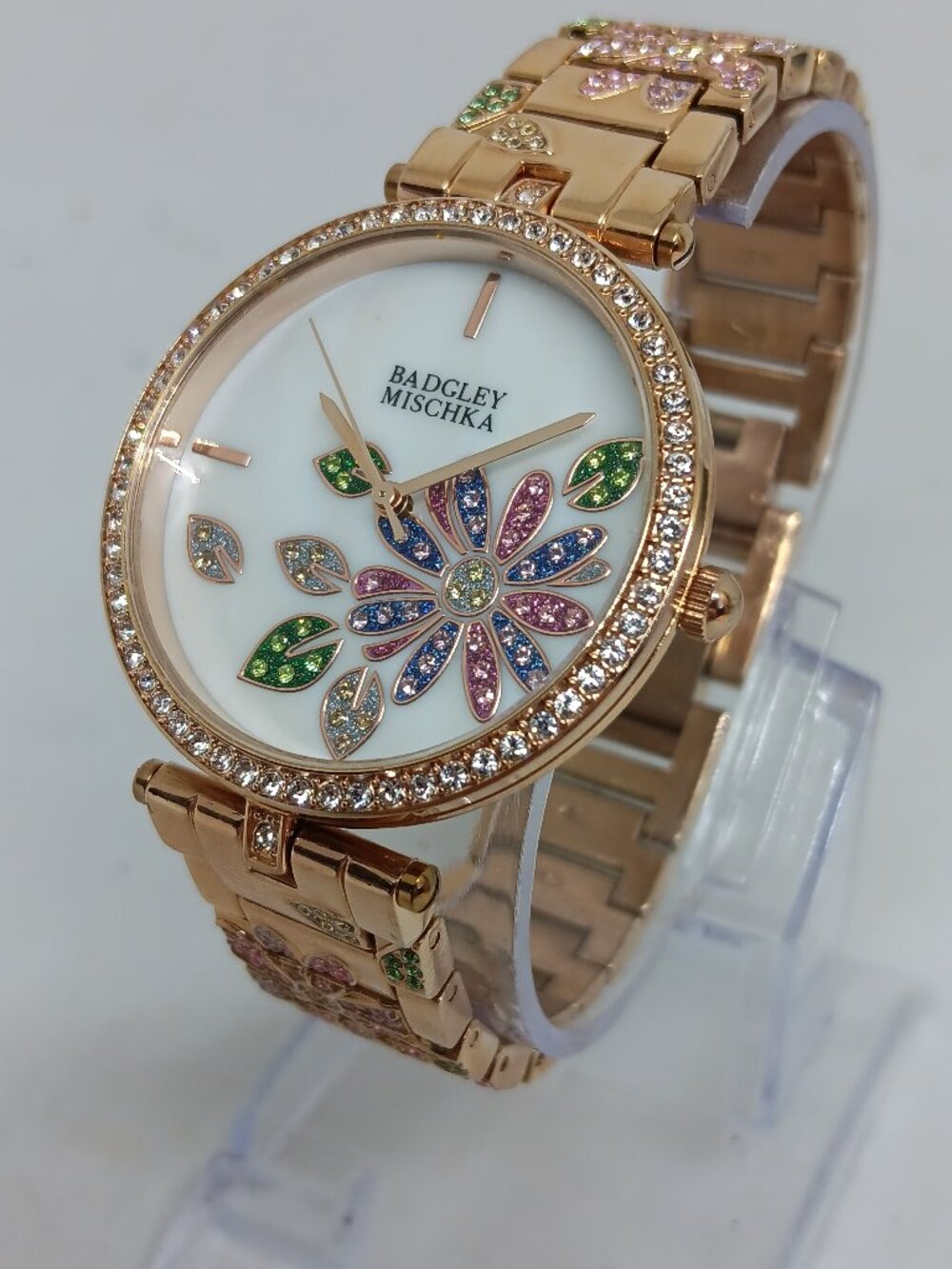 Badgley Mischka BA/1388 Women's Crystal Accent Flower Dial Rose Gold Tone Watch